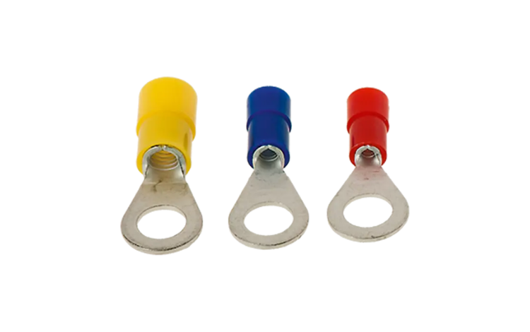Three different solderless terminals by BM Group in yellow, blue and red on white background