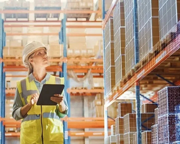 Lagerarbeiterin mit Sicherheitsweste und Helm inspiziert digitalisierte Regale mit einem Tablet