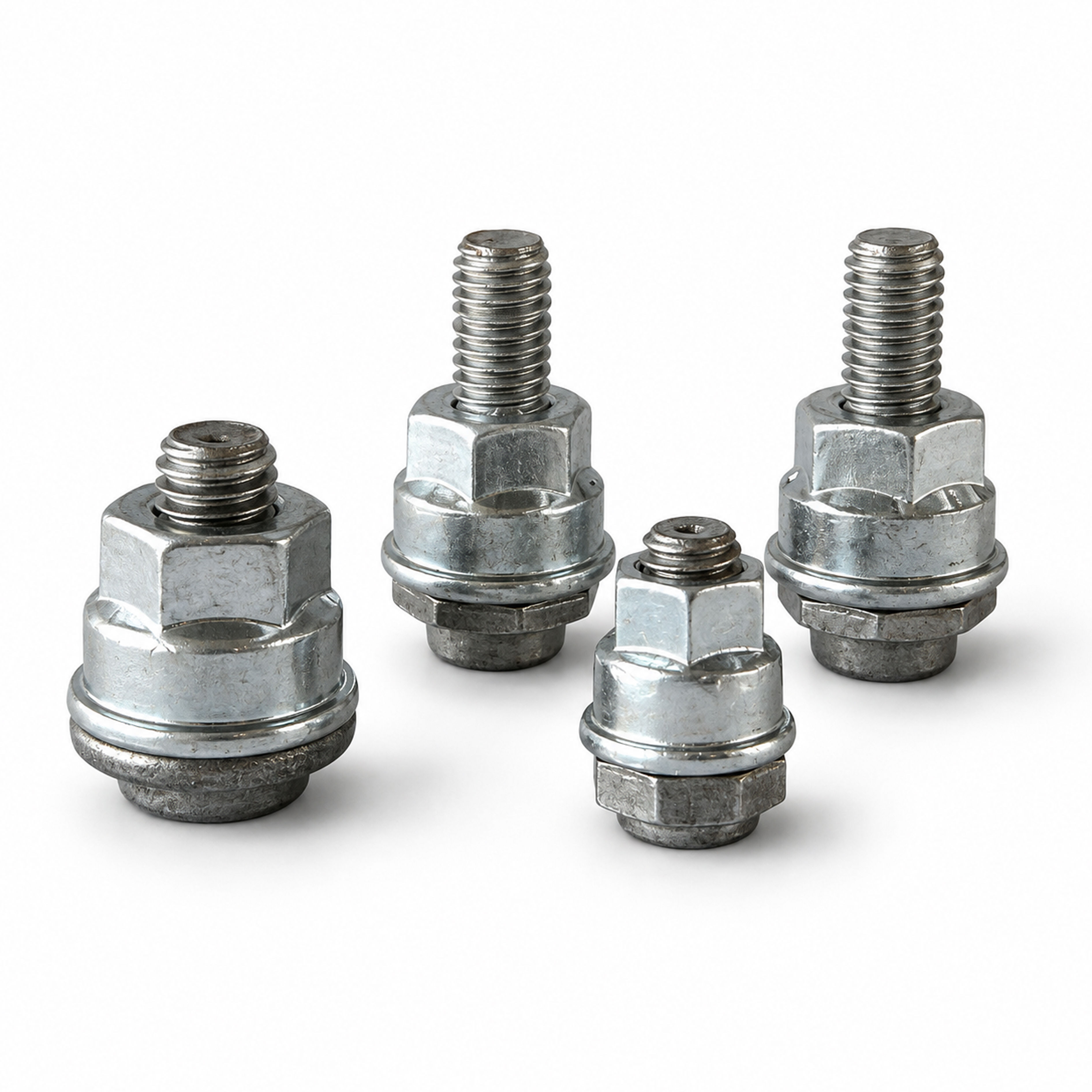 Four different Tucker grounding studs with collar nuts on white background