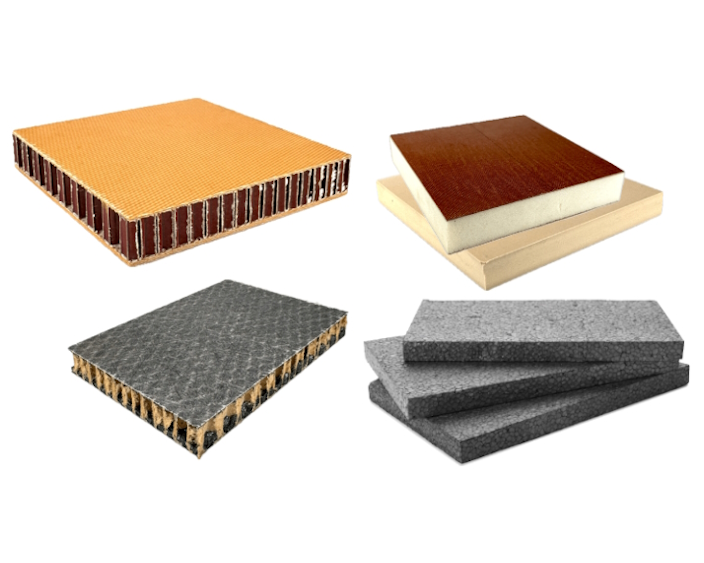 Vier verschiedene Sandwichmaterialien und Schaumstoffplatten für leichte und stabile Konstruktionen.