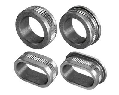 Vier verschiedene FCL-Gewindeeinsätze für Kunststoffe in ovaler und runder Form.