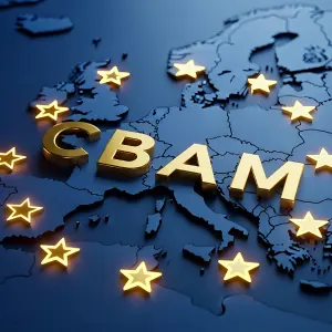 3D-Darstellung einer Europakarte mit dem goldenen Schriftzug „CBAM“ und leuchtenden Sternen als Symbol für die EU-Regulierung.