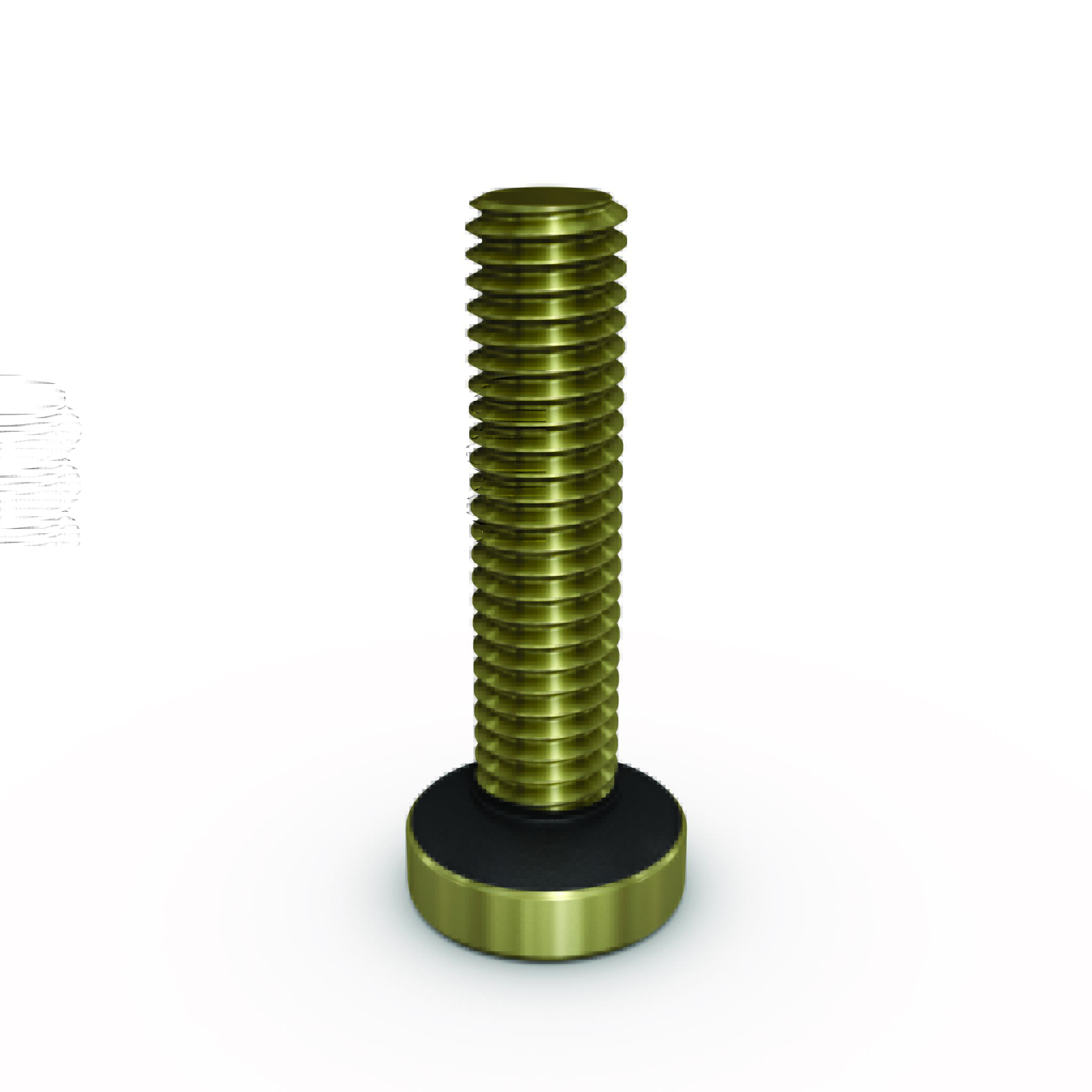 A brass colored bolt with black Nyplas under-head sealing coating on white background