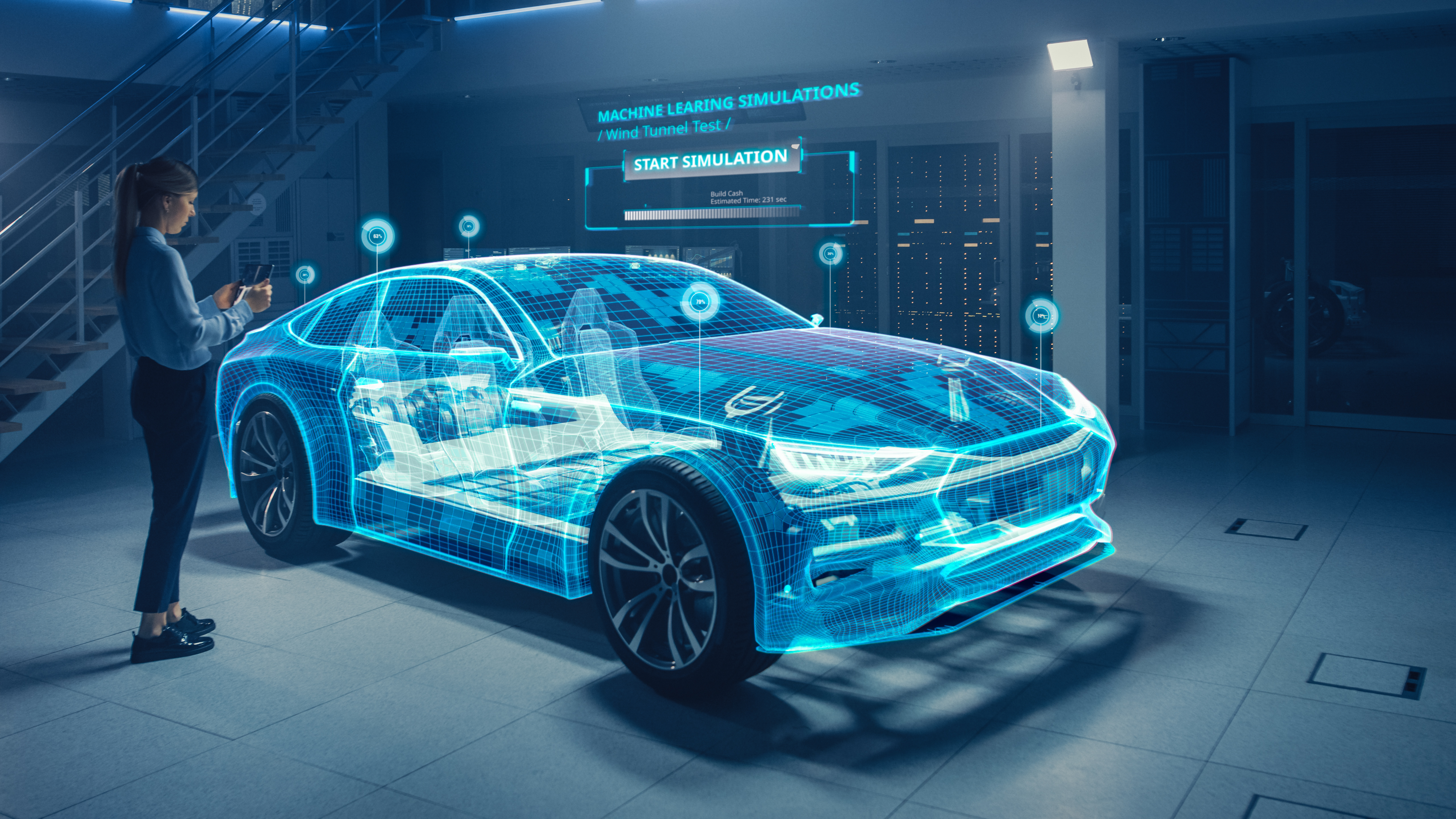 
Ingenieur interagiert mit einer digitalen Simulation eines futuristischen Autos, die fortschrittliche Automobiltechnologie und Innovation zeigt.