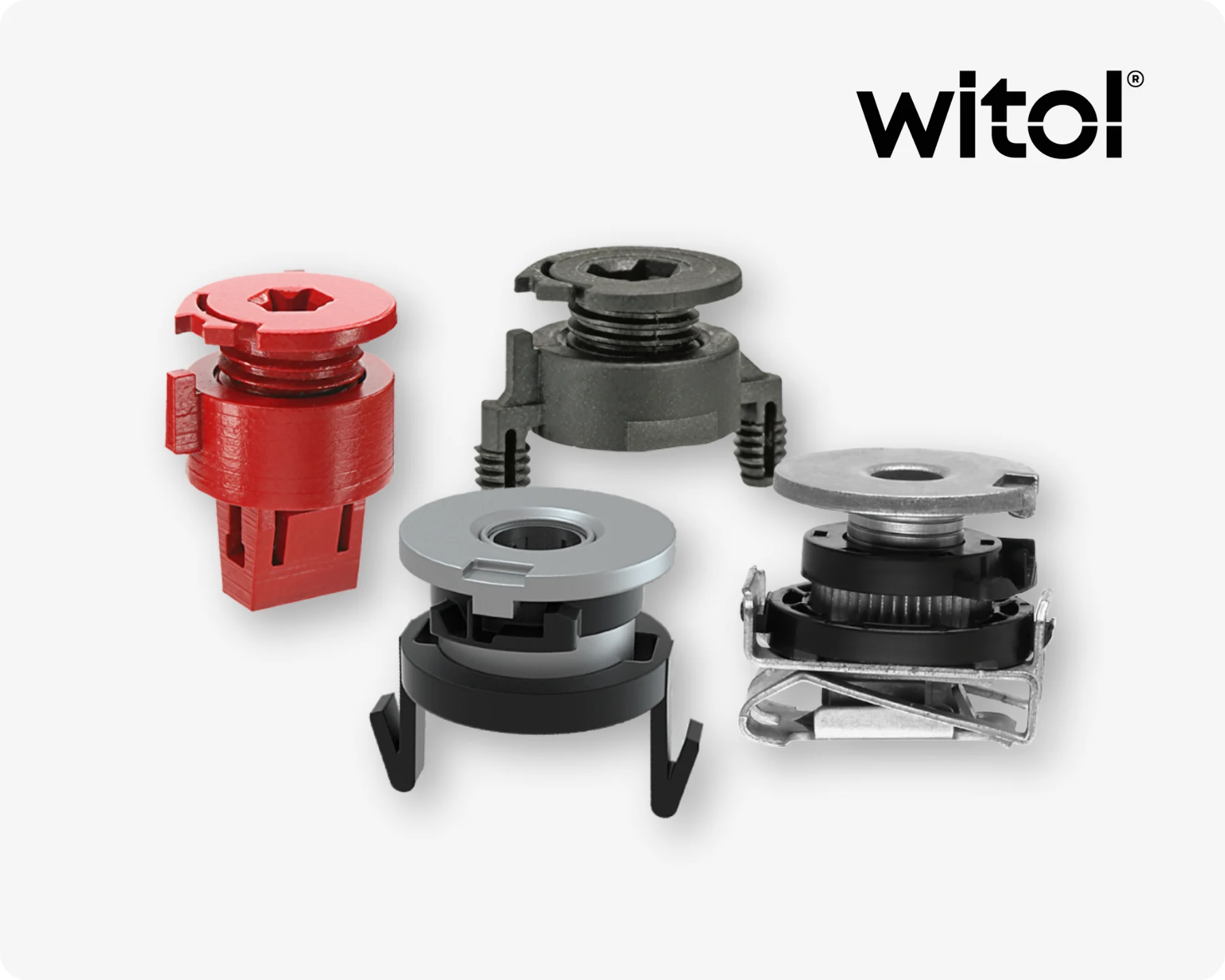 Four different WITOL tolerance compensation fasteners in red, black and silver colors on light grey background with the WITOL logo in the top right corner.