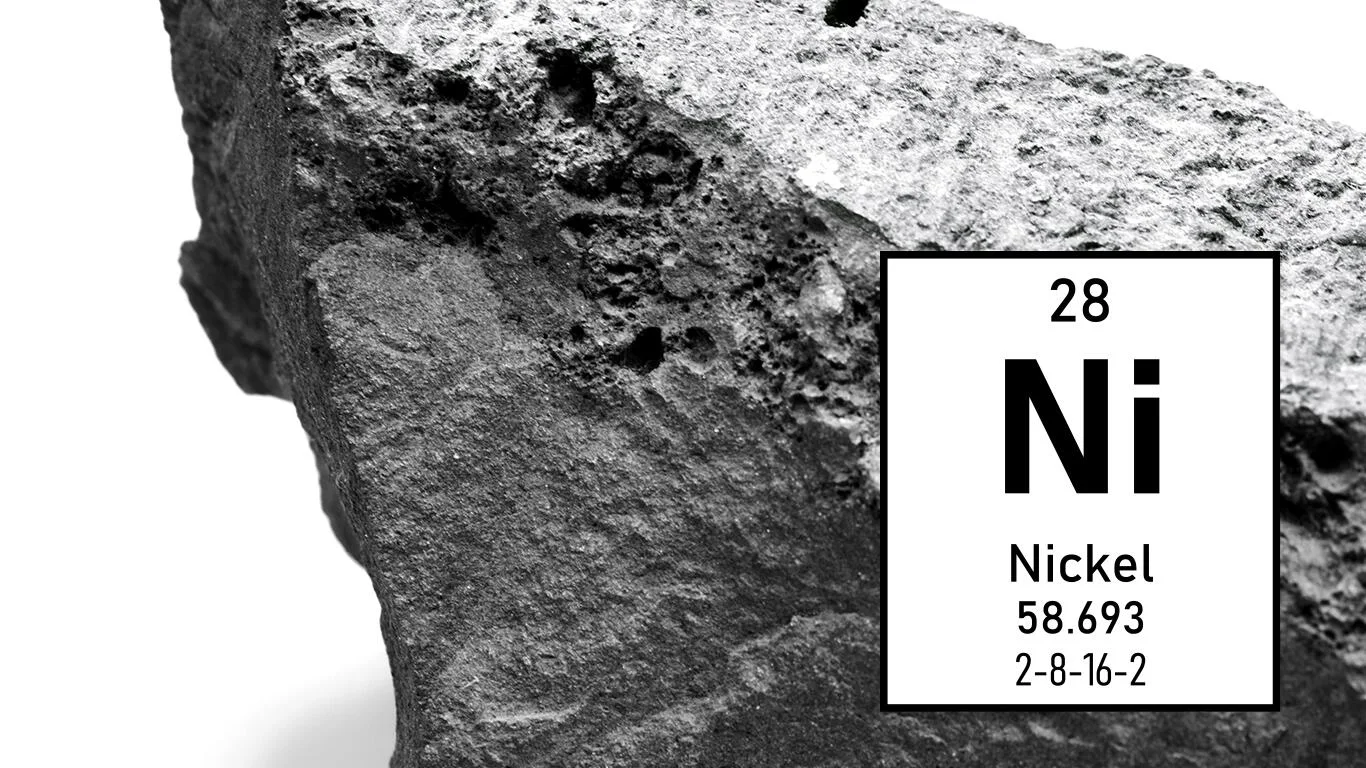 Elemental nickel with data from the periodic table. Image used for spectral analysis.