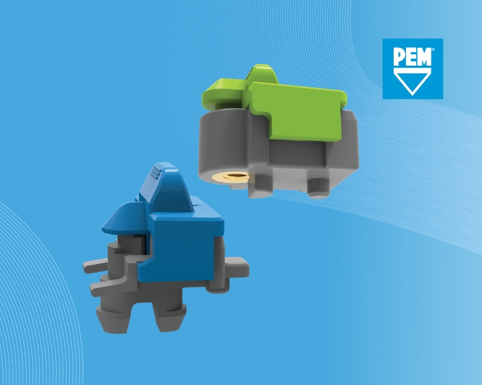 2 PEM Board Latches in grüner und blauer Ausführung auf blauem Verlaufshintergrund. PEM Logo in rechter oberen Ecke.