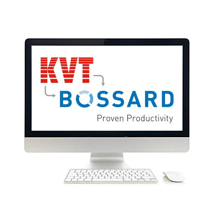 Počítačový monitor zobrazující web KVT přecházející na web BOSSARD s příslušnými logy