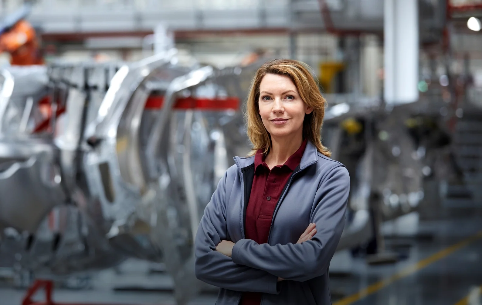 Female assembly manager standing in automotive production facility