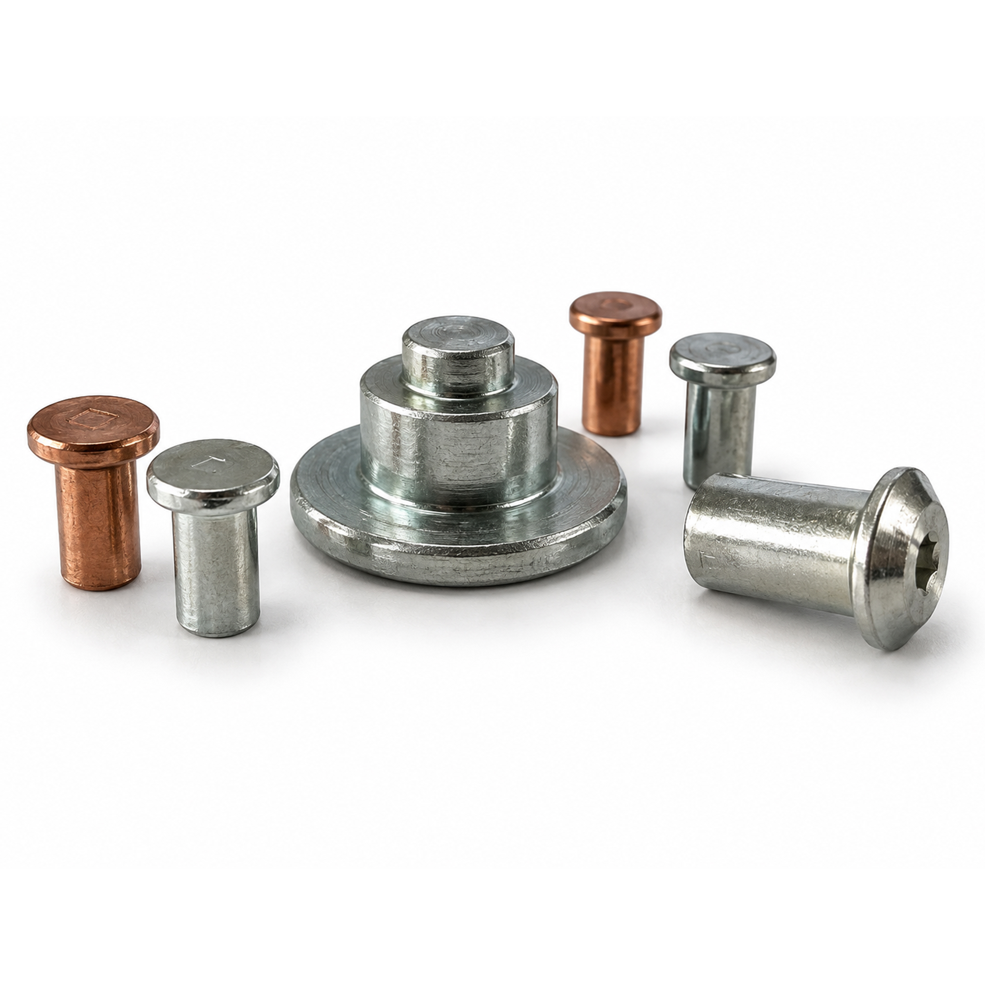 Various Tucker T-Studs in different sizes and surface coatings on white background.