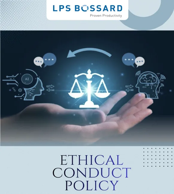 A hand holds a glowing scale symbol, surrounded by AI and human brain icons, with "Ethical Conduct Policy" text below.