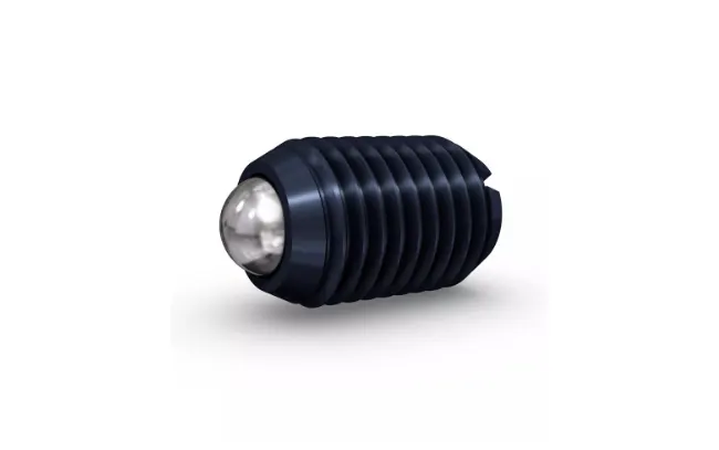 Close-up of a dark colored Halder spring plunger with a silver ball on white background
