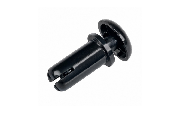 Black Heyco HeyClip snap rivet on white background