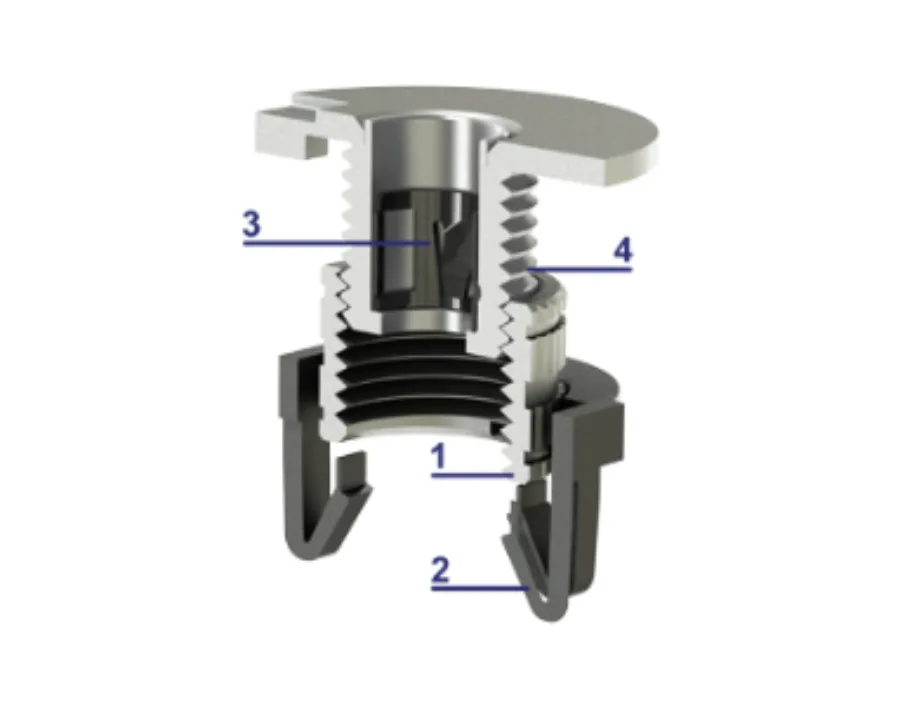 A WITOL tolerance compensation fastener cut in half, with the different component parts labelled in numbers.
