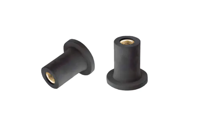 Two black FASTEKS FILKO blind clip-in nuts on white background