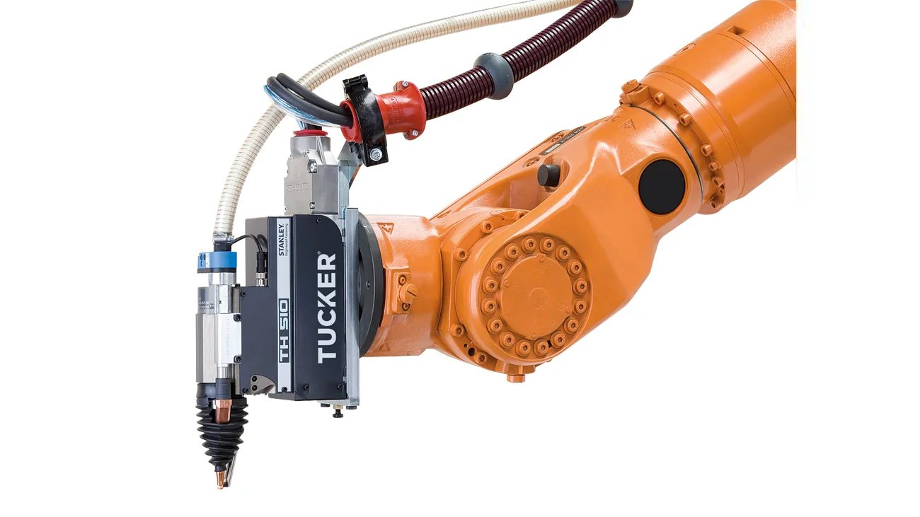 Close-up of a Tucker stud welding robot arm with an attached welding head