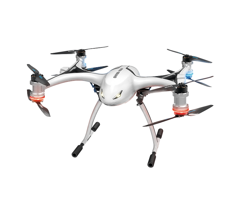 EHang-Drohne ist ein moderner weiß-schwarzer Quadrocopter mit zwei Propellern, der für effizienten Flug und Manövrierfähigkeit entwickelt wurde.