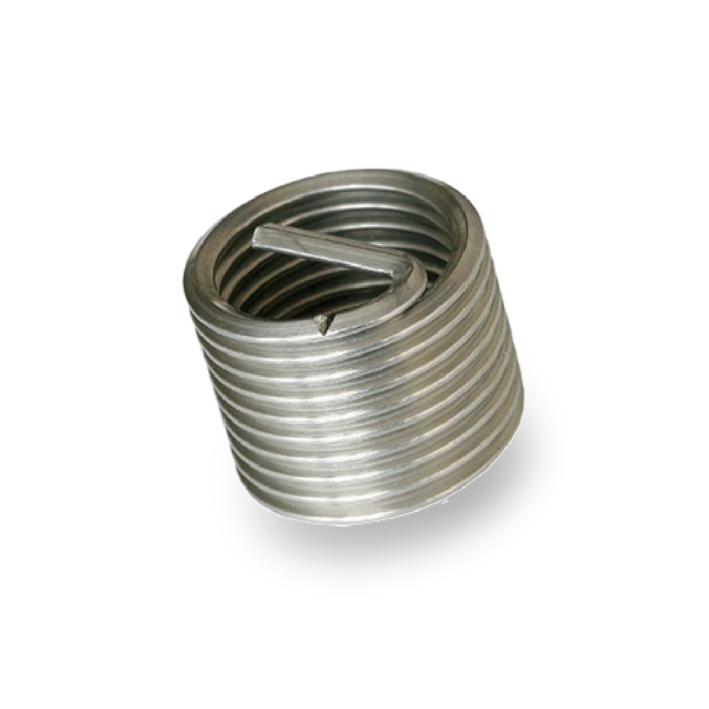 Silberfarbener FILTEC Drahtgewindeeinsatz aus Metall mit spiraliger Struktur und Einbauzapfen auf weißem Hintergrund.
