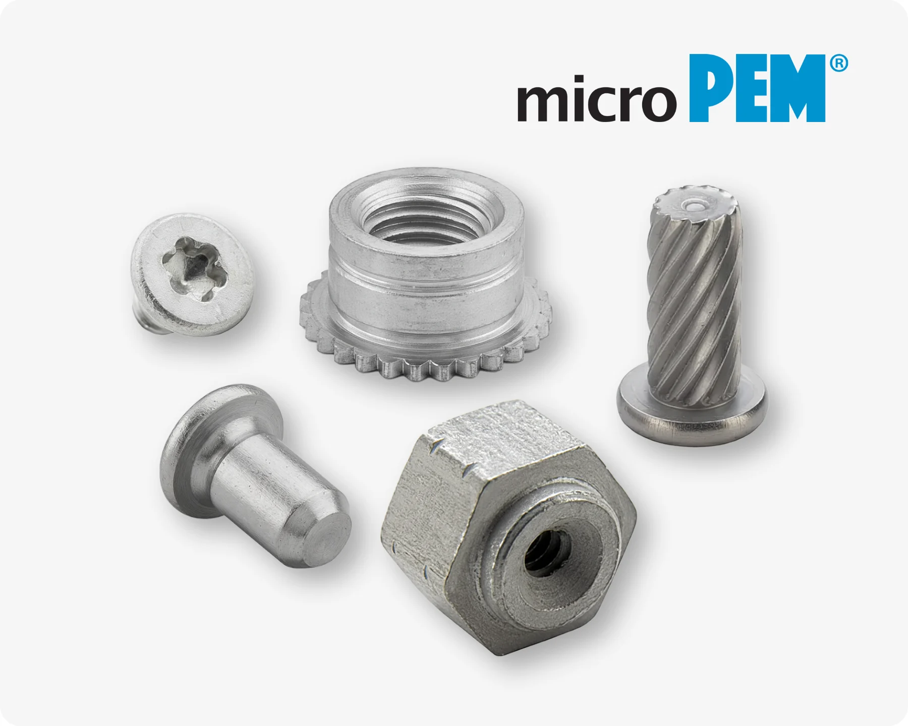 Five different microPEM fasteners, including TackPins, self-clinching standoffs, and TackScrews on light grey background with the microPEM logo in the top right corner