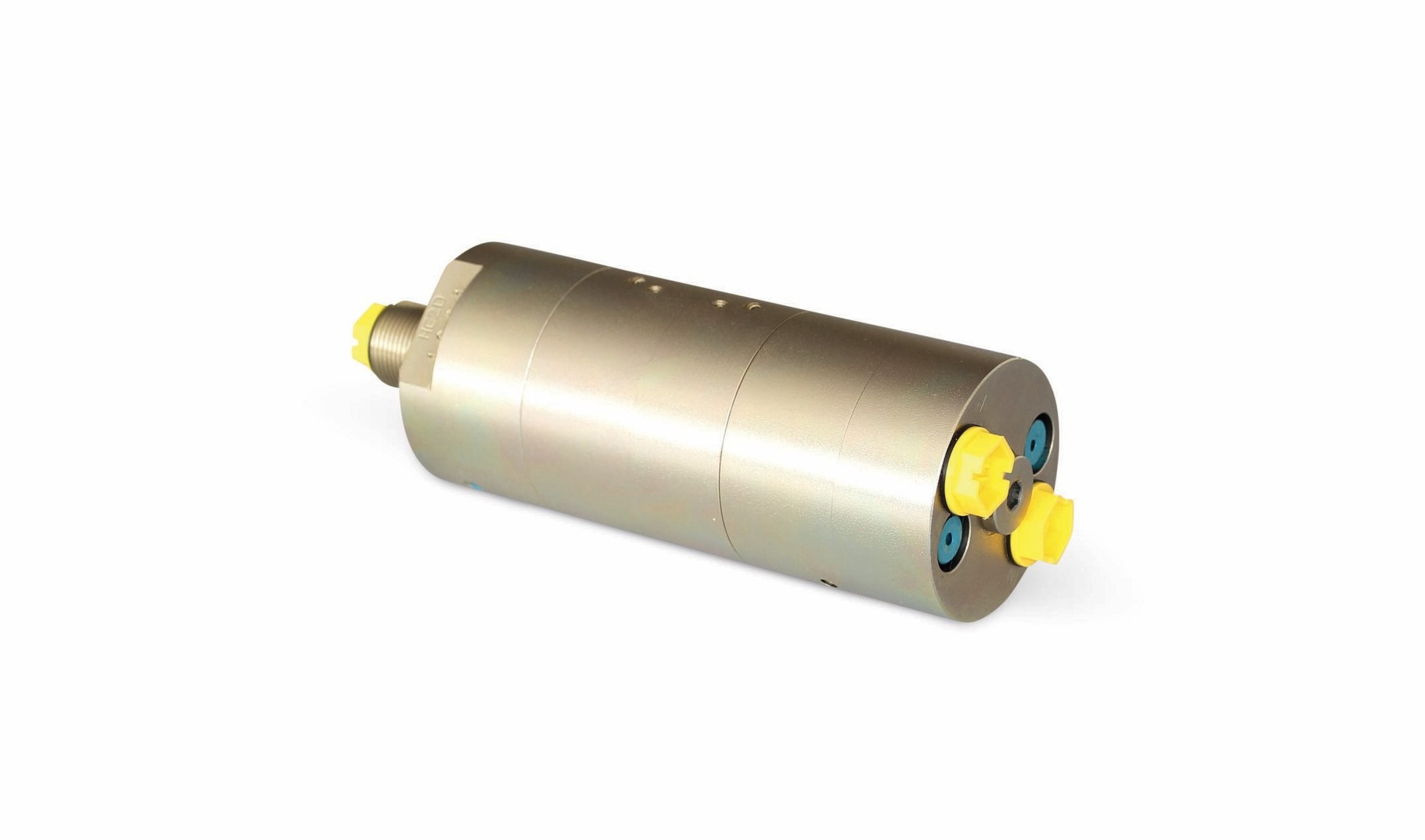 A compact miniBOOSTER HC2D series double-acting pressure intensifier on white background