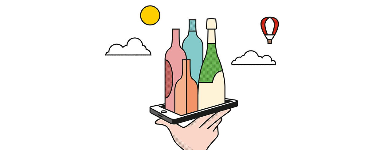 Piirroskuva kädestä, joka kannattelee matkapuhelinta, jonka päällä on 4 eri juomaa.