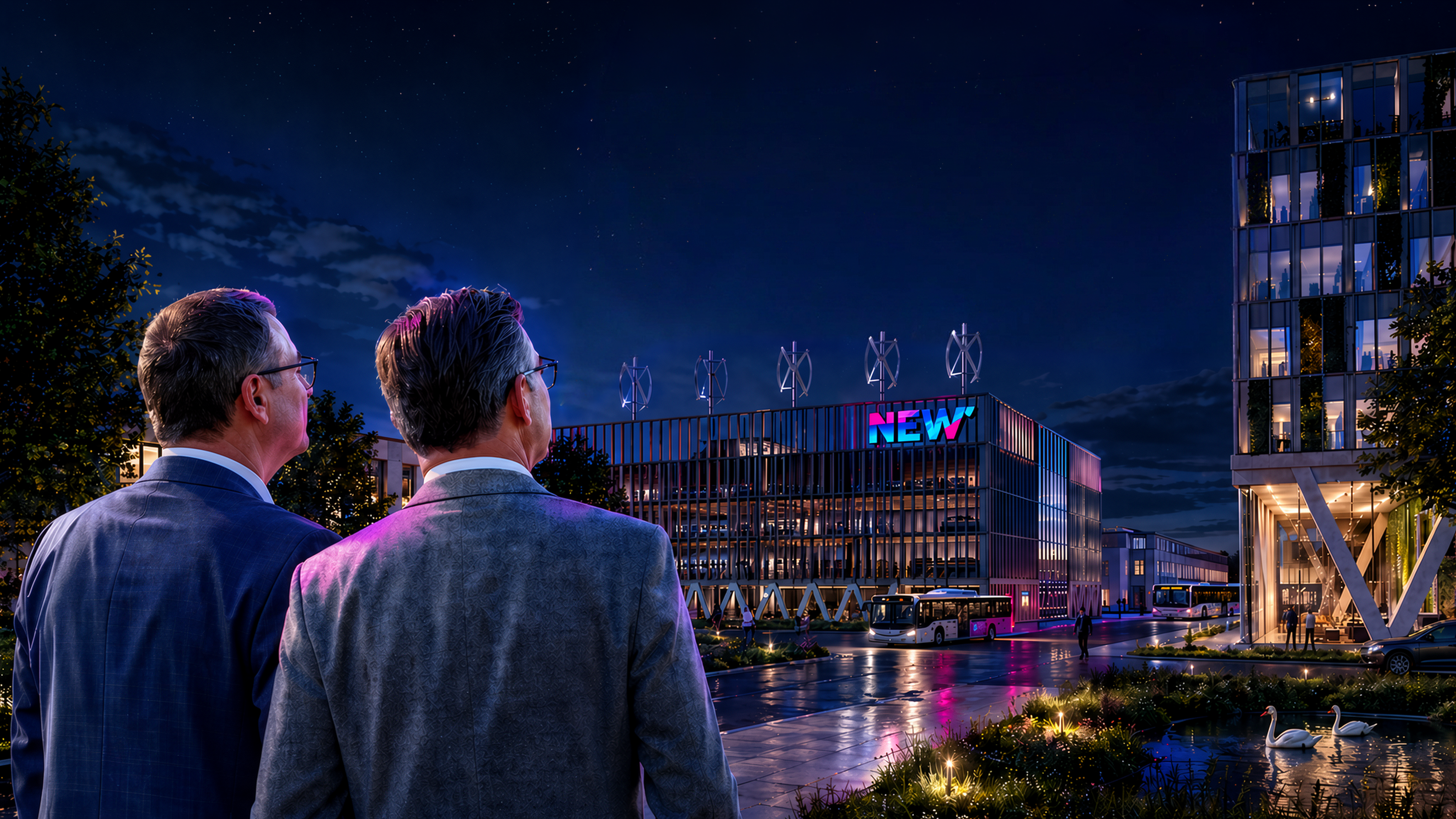 Die Visualisierung zeigt das Projekt: "NEW e‑motion hub" bei Nacht: ein modern beleuchtetes Gebäude mit prominentem NEW‑Logo, eingebettet in eine urbane Umgebung mit zeitgemäßer Architektur. Im Vordergrund blicken zwei Personen auf den Gebäudekomplex, der für Innovation, nachhaltige Mobilität und zukunftsorientierte Energieprojekte steht. Die nächtliche Lichtstimmung unterstreicht den Anspruch von NEW, Technik, Stadtentwicklung und Lebensqualität miteinander zu verbinden. Dieses Bild wurde mit Hilfe von KI erstellt