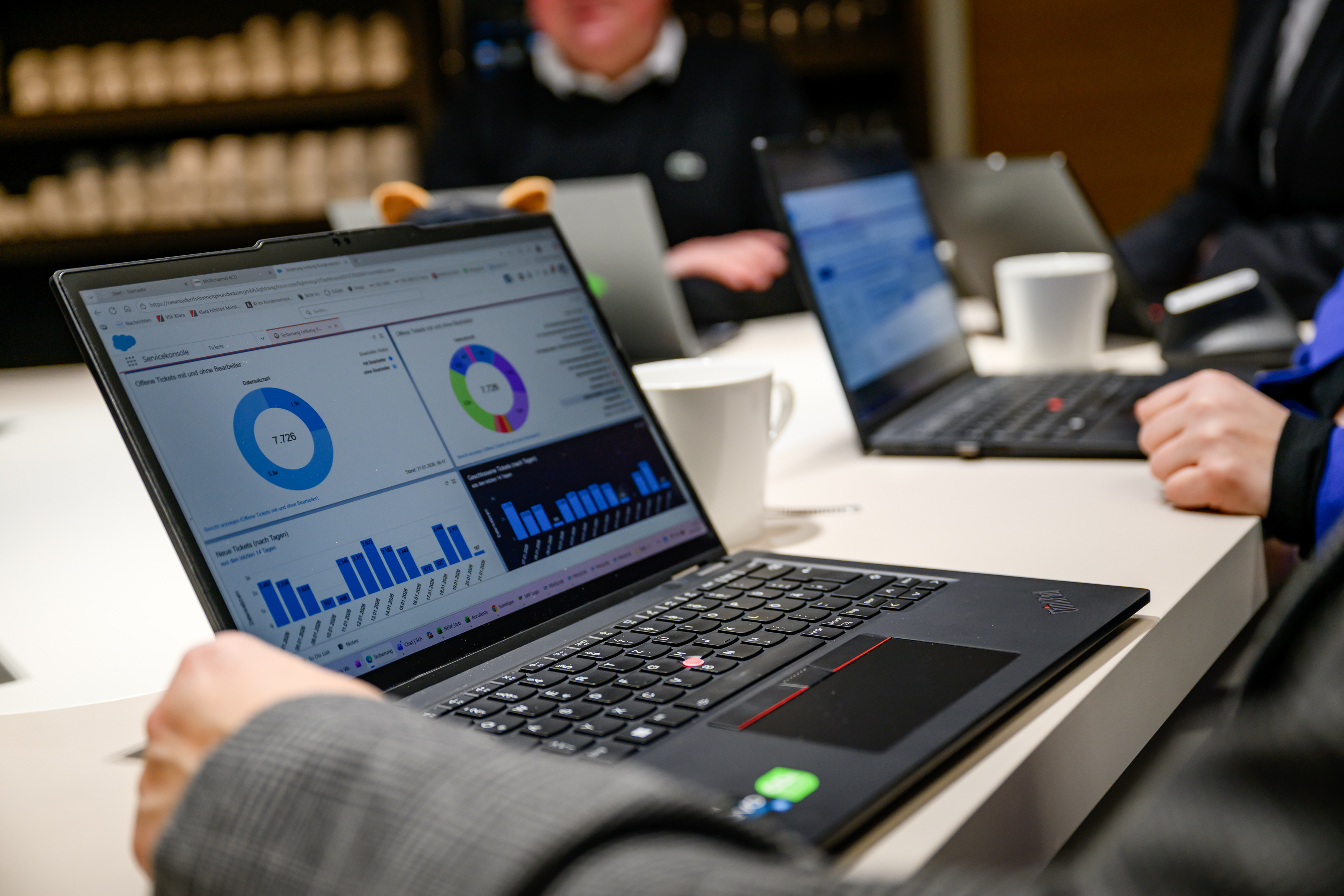  Ein Laptop mit einem Dashboard zur Datenanalyse steht auf einem Besprechungstisch. Im Hintergrund arbeiten mehrere Personen mit weiteren Laptops in einer Besprechung, auf dem Tisch stehen Kaffeetassen.