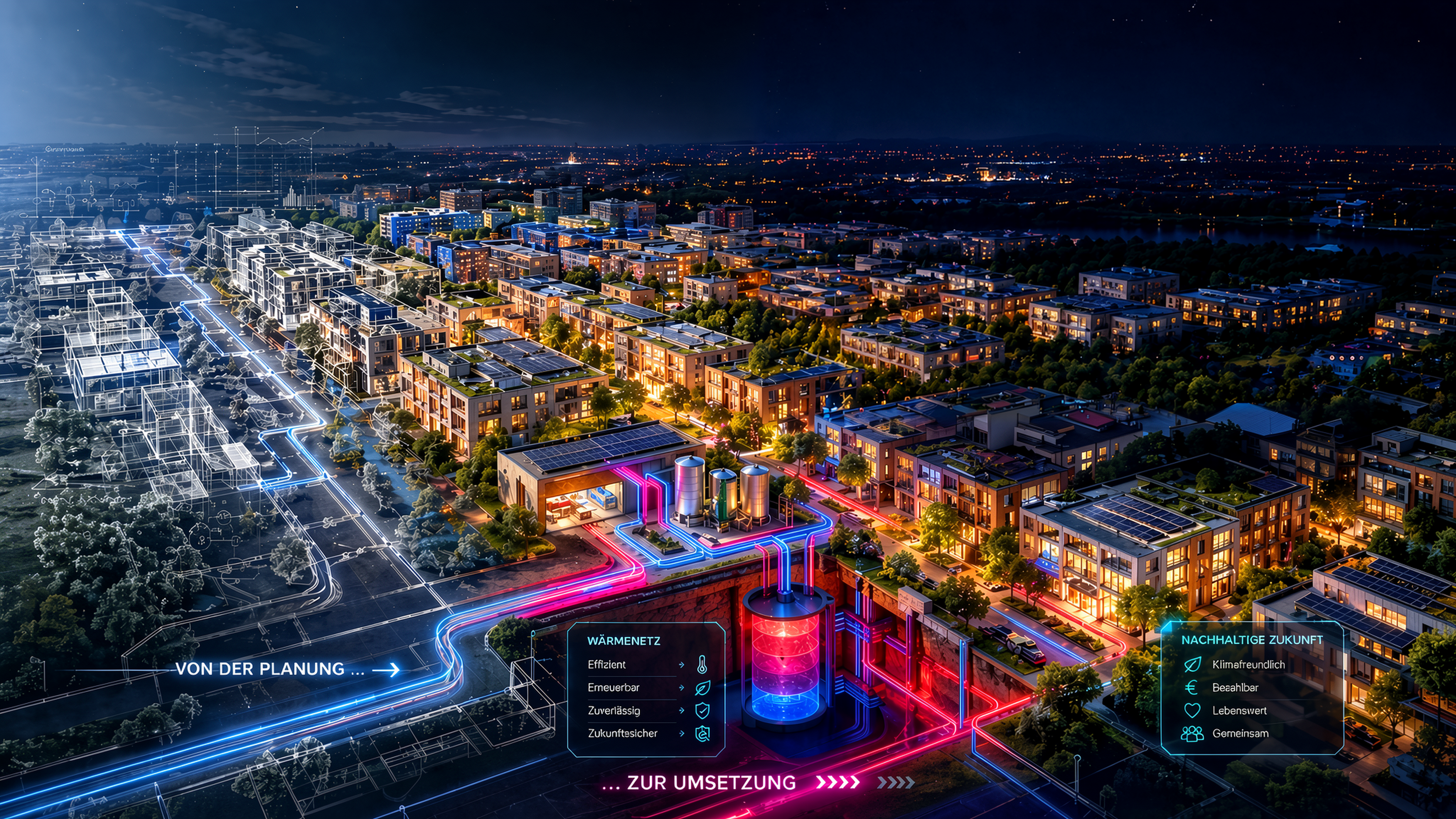Die Visualisierung zeigt ein urbanes Quartier bei Nacht, in dem digitale Leitungen und farblich hervorgehobene Energieflüsse den Weg von der Planung zur Umsetzung der Wärmewende verdeutlichen. Gebäude, Straßenzüge und Infrastrukturen sind vernetzt dargestellt und machen sichtbar, wie moderne Energielösungen, intelligente Netze und nachhaltige Wärmeversorgung im Stadtraum zusammenspielen. Dieses Bild wurde mit Hilfe von KI erstellt
