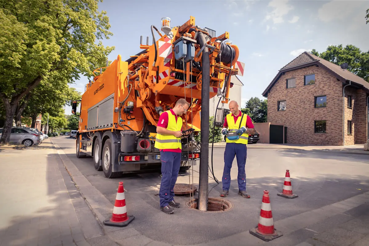 NEW-AG-Grundstueckentwaesserung-H8A7641 Saug- und Spülfahrzeug mit zwei Kollegen an einem Kanalschacht