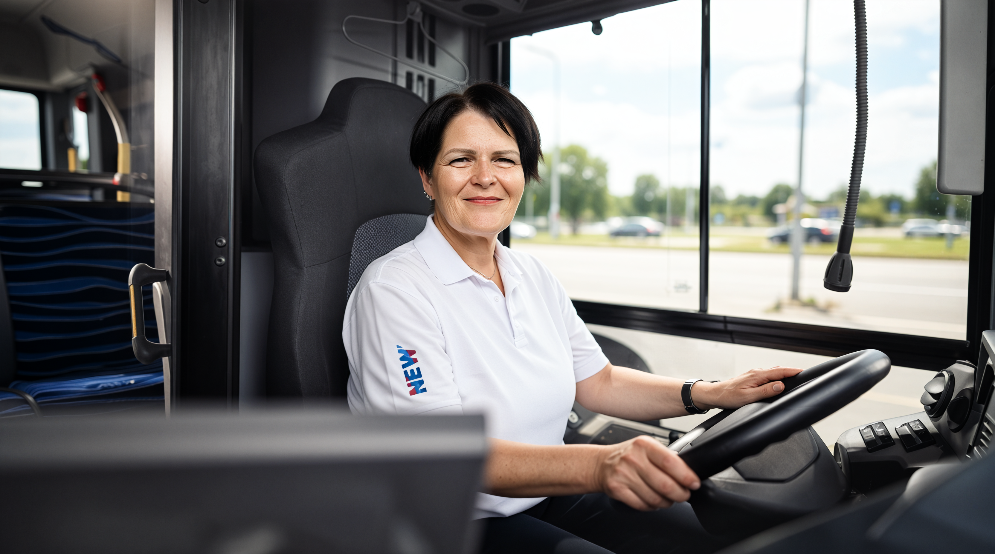 Eine freundlich lächelnde Busfahrerin in weißem Poloshirt sitzt am Steuer eines modernen Busses. Durch die großen Fenster neben ihr ist eine sonnige Straßenlandschaft mit grünen Bäumen zu sehen. Die Fahrerin trägt das NEW-Logo auf ihrer Arbeitskleidung. Dieses Bild wurde mit Hilfe von KI erstellt