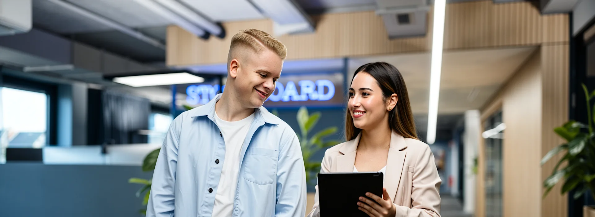 Studierende. Dieses Bild wurde mit Hilfe von KI erstellt Eine junge Frau in beigem Blazer zeigt einem lächelnden jungen Mann in hellblauem Hemd etwas auf ihrem Tablet in einem modernen Büro. Im Hintergrund sind helle Arbeitsräume mit Holzelementen, grünen Pflanzen und ein blau beleuchtetes Schild zu sehen. Dieses Bild wurde mit Hilfe von KI erstellt