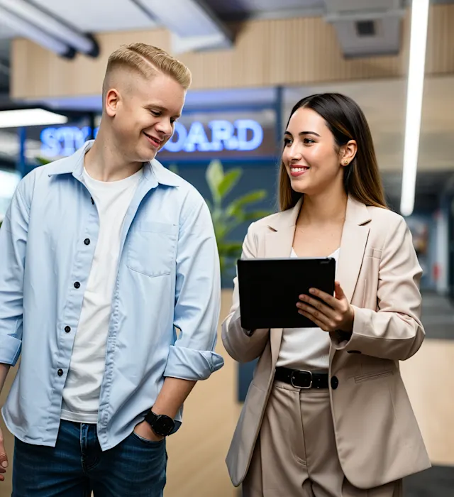 Studierende. Dieses Bild wurde mit Hilfe von KI erstellt Eine junge Frau in beigem Blazer zeigt einem lächelnden jungen Mann in hellblauem Hemd etwas auf ihrem Tablet in einem modernen Büro. Im Hintergrund sind helle Arbeitsräume mit Holzelementen, grünen Pflanzen und ein blau beleuchtetes Schild zu sehen. Dieses Bild wurde mit Hilfe von KI erstellt
