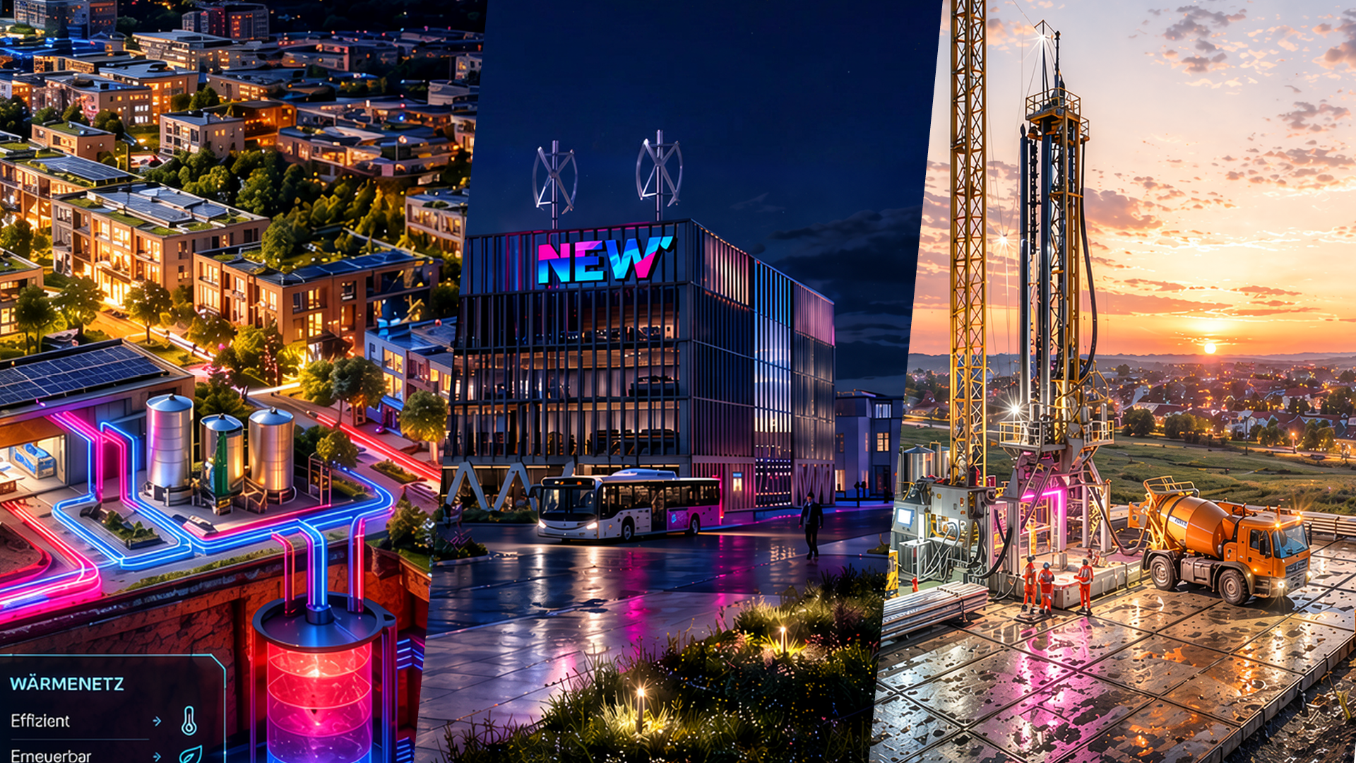 Das Bild zeigt eine visuelle Collage der Energiewelt von NEW: eine modern beleuchtete Stadtlandschaft, das NEW‑Gebäude am Wasser mit markantem Logo sowie eine nächtliche Baustellenszene mit Bohr- und Energietechnik. Die Kombination aus urbaner Infrastruktur, innovativer Architektur und technischer Entwicklung steht für Fortschritt, Nachhaltigkeit und die Zukunft der Energieversorgung in der Region. Dieses Bild wurde mit Hilfe von KI erstellt