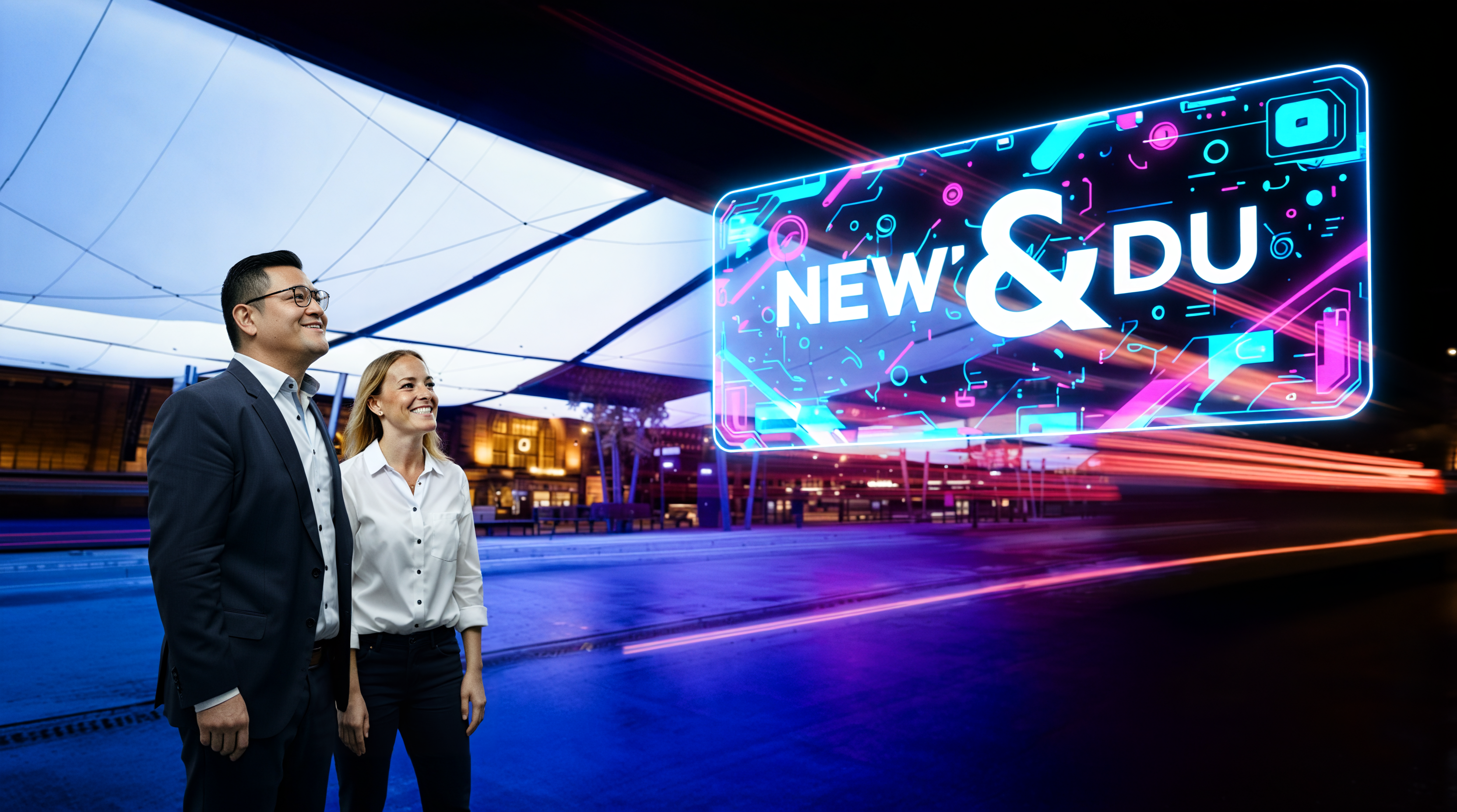Ein Mann im dunklen Anzug und eine Frau in weißer Bluse stehen lächelnd an einer futuristischen Bushaltestelle. Hinter ihnen leuchtet ein großes digitales Display mit dem Schriftzug „NEW & DU“ in cyan-pinken Neonfarben und digitalen Grafiken. Die Szene wird von blauen und violetten Lichtspuren durchzogen. Dieses Bild wurde mit Hilfe von KI erstellt