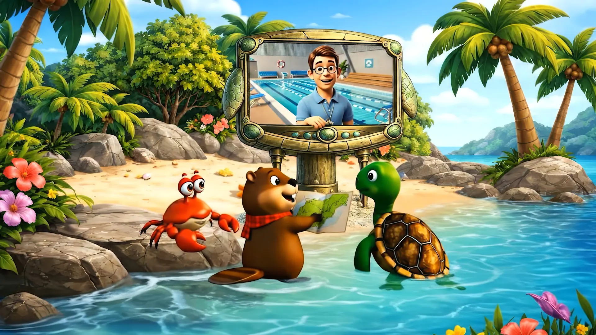 digitale Schwimmschule Farbenfrohe Illustration: Ein Bär, eine Schildkröte und eine Krabbe stehen im flachen Wasser an einem tropischen Strand mit Palmen und Felsen. Vor ihnen zeigt ein Bildschirm eine Person im Schwimmbad, die Übungen erklärt. Das Bild symbolisiert spielerisches, visuell unterstütztes Schwimmenlernen für Kinder. (KI-generiertes Bild)