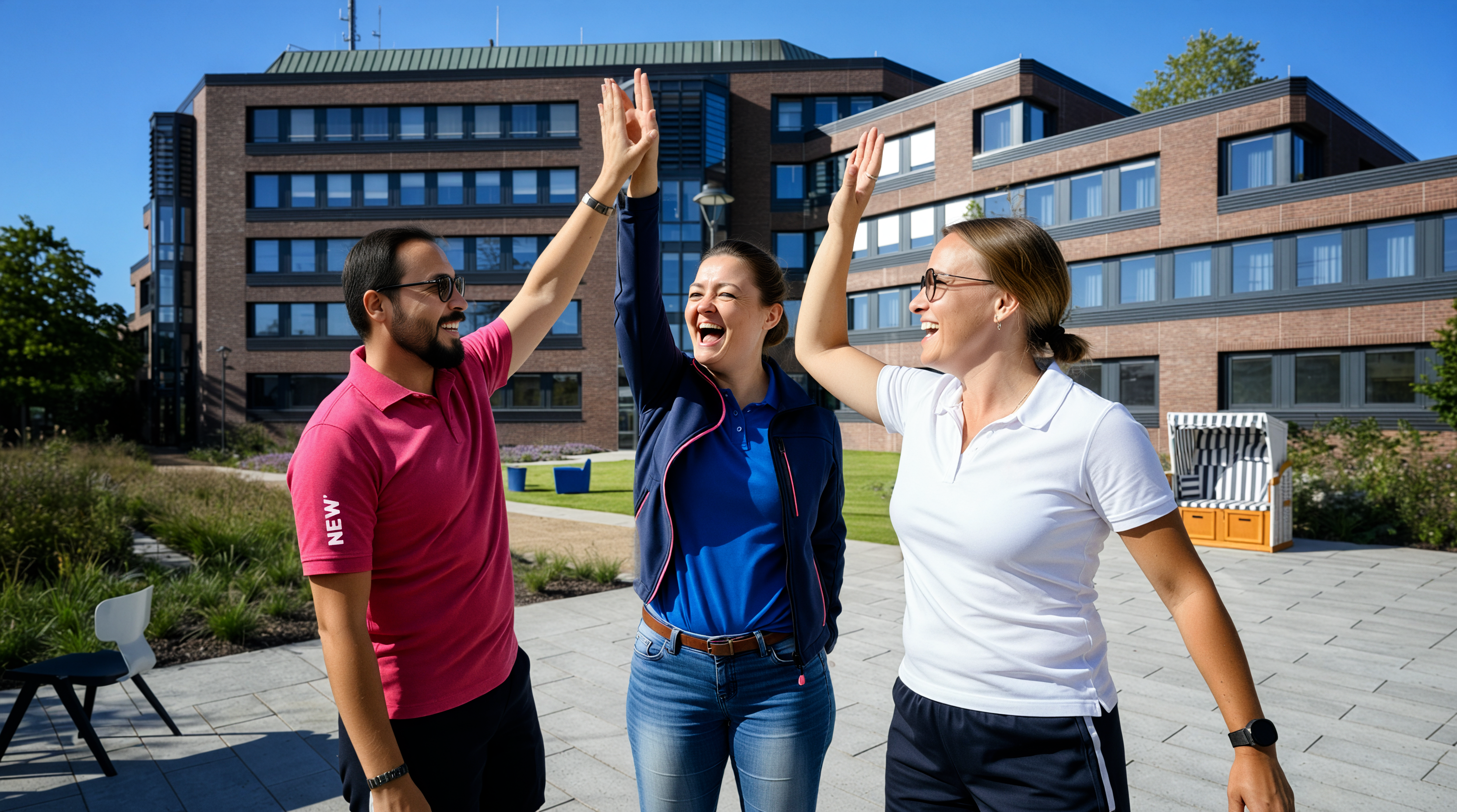 Drei junge Menschen in farbiger Dienstkleidung feiern gemeinsam mit High-Five-Gesten auf einem modernen Firmengelände an einem sonnigen Tag. Die Frau in der Mitte trägt ein blaues Shirt und jubelt mit erhobenen Armen, während ihre Kollegen in rosa und weißen Poloshirts mit ihr abklatschen. Im Hintergrund sind moderne Bürogebäude mit roter Klinkerfassade, eine grüne Rasenfläche und ein Strandkorb zu sehen. Dieses Bild wurde mit Hilfe von KI erstellt