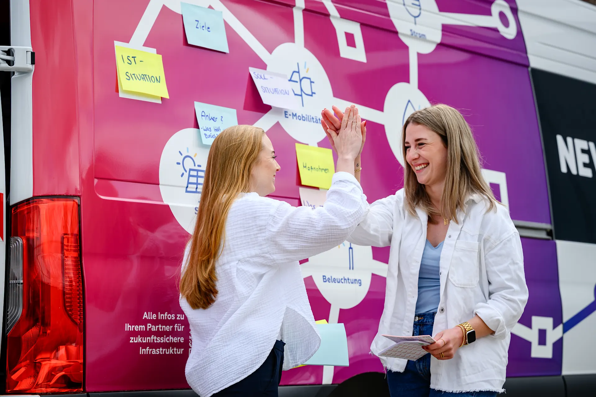 Berufe mit Zukunft: Die Menschen hinter Strom, Wasser und Mobilität Zwei lächelnde Frauen geben sich vor einem bunten Fahrzeug ein High-Five. Auf dem Fahrzeug sind Diagramme und gelbe, blaue und grüne Haftnotizen angebracht, auf denen unter anderem "IST-SITUATION", "Ziele", "E-Mobilität" und "Beleuchtung" steht.