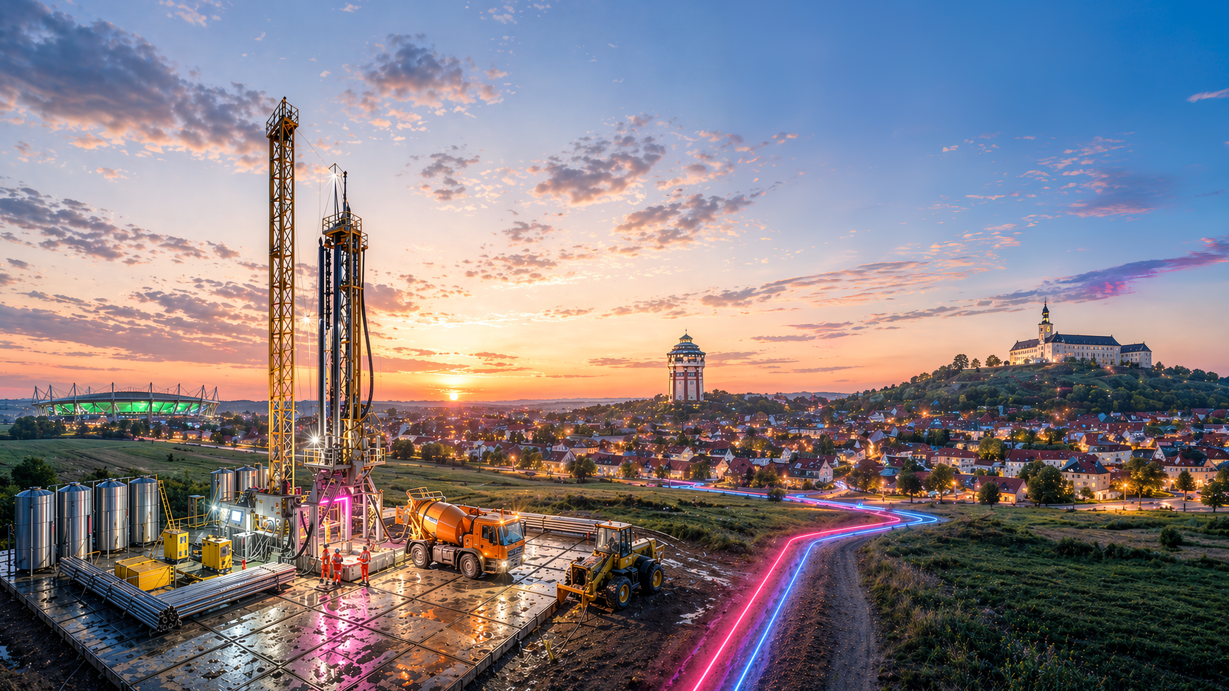 Eine stimmungsvolle Darstellung einer Geothermie‑Forschungsbohrung im Umfeld einer Stadtlandschaft bei Sonnenuntergang. Im Vordergrund ist eine technische Bohranlage mit beleuchteten Türmen, Containern und Anlagen zur Energiegewinnung zu sehen. Lichtspuren einer Straße führen durch die Szene, im Hintergrund erstrecken sich Wohngebiete und markante Gebäude auf Hügeln. Das Bild symbolisiert Forschung, Innovation und nachhaltige Energieversorgung im Kontext der Energiewende.
Hinweis: Dieses Bild wurde KI‑generiert. Dieses Bild wurde mit Hilfe von KI erstellt