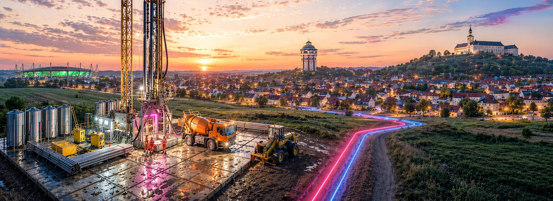 Geothermie Forschungsbohrung (KI generiert). Dieses Bild wurde mit Hilfe von KI erstellt Eine stimmungsvolle Darstellung einer Geothermie‑Forschungsbohrung im Umfeld einer Stadtlandschaft bei Sonnenuntergang. Im Vordergrund ist eine technische Bohranlage mit beleuchteten Türmen, Containern und Anlagen zur Energiegewinnung zu sehen. Lichtspuren einer Straße führen durch die Szene, im Hintergrund erstrecken sich Wohngebiete und markante Gebäude auf Hügeln. Das Bild symbolisiert Forschung, Innovation und nachhaltige Energieversorgung im Kontext der Energiewende.
Hinweis: Dieses Bild wurde KI‑generiert. Dieses Bild wurde mit Hilfe von KI erstellt