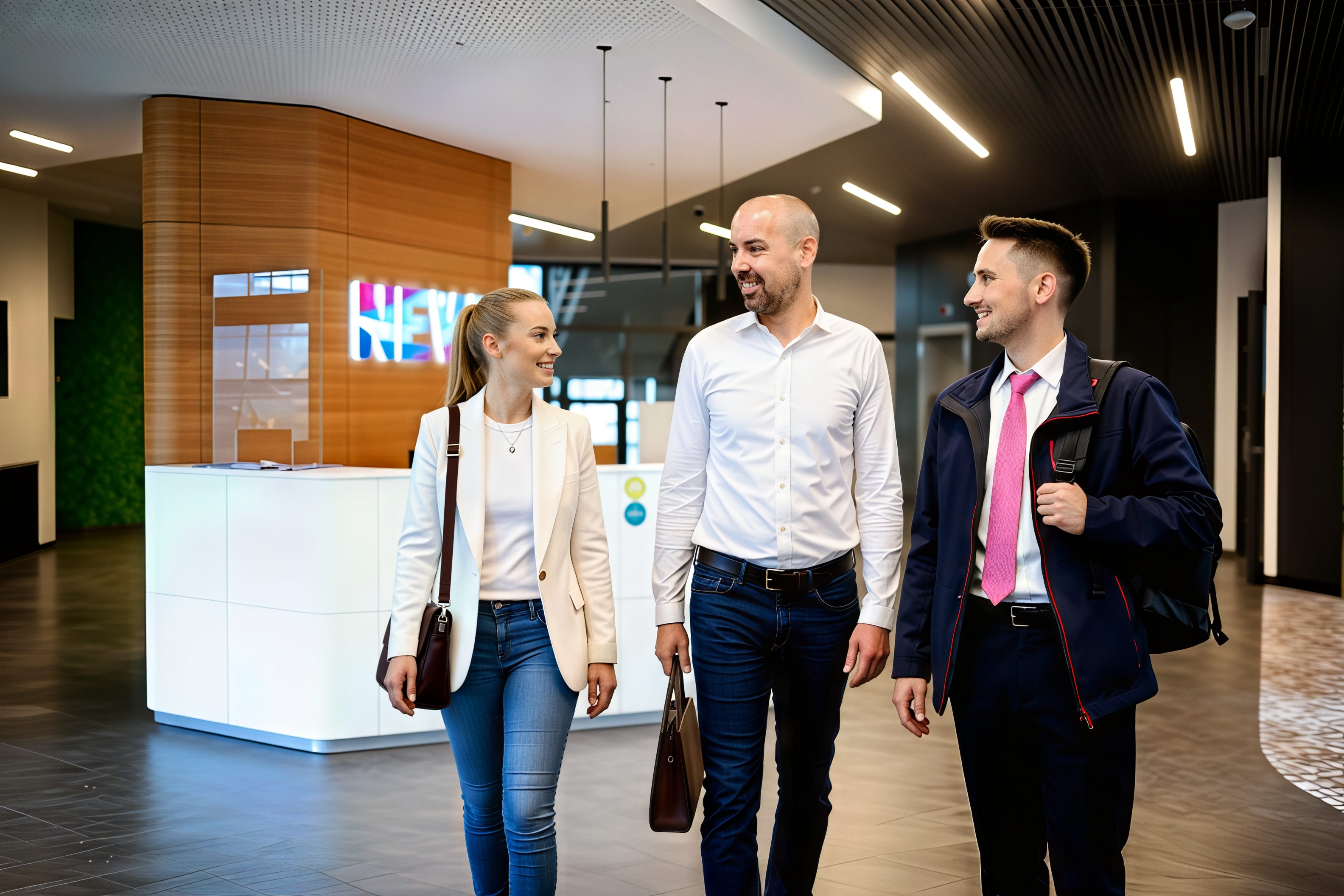 Drei Berufstätige in Business-Kleidung gehen lächelnd durch eine moderne Bürolobby mit hellem Holzdesign und dem bunten NEW-Logo im Hintergrund. Die Frau trägt einen beigen Blazer und Jeans, der Mann in der Mitte ein weißes Hemd, und der rechte Mann eine dunkelblaue Arbeitsjacke mit pinken Akzenten. Die Lobby verfügt über einen weißen Empfangstresen, grüne Wandelemente und moderne Deckenbeleuchtung. Dieses Bild wurde mit Hilfe von KI erstellt