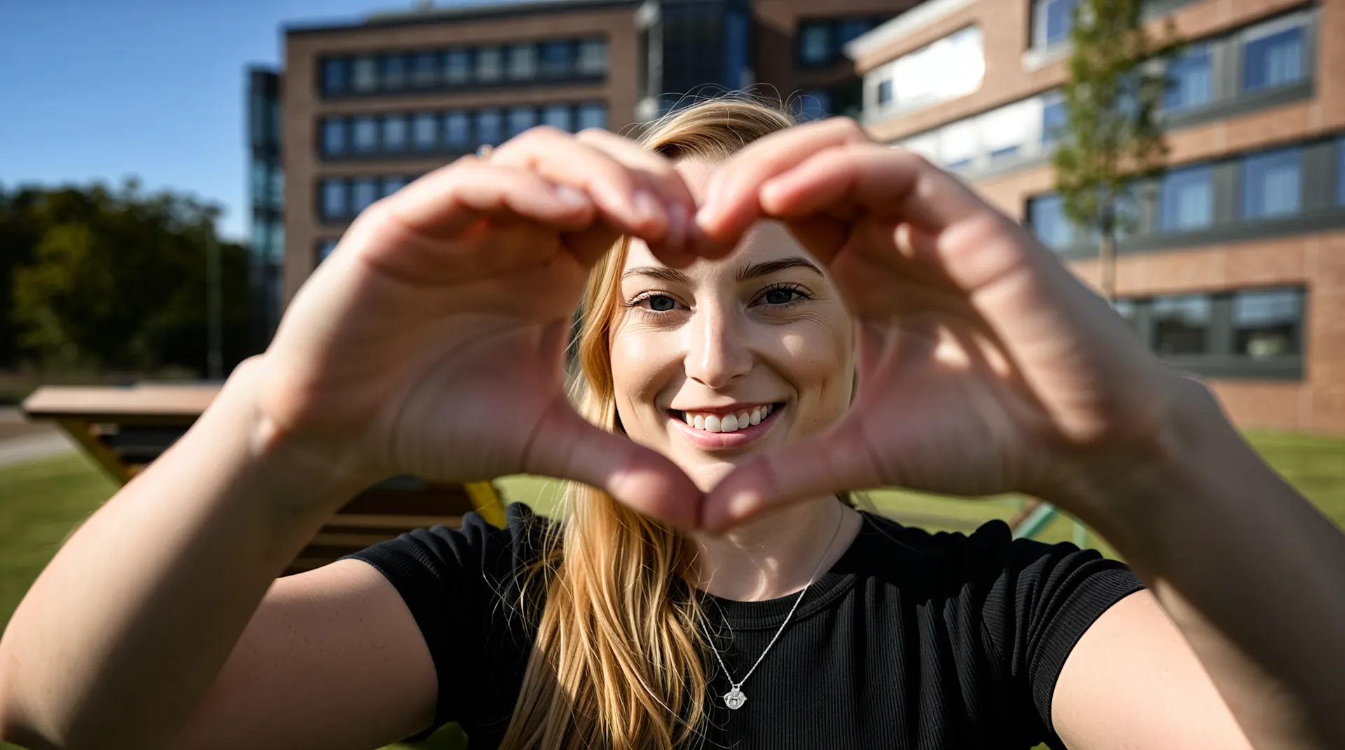 Rebecca im Garten der NEW Verwaltung. Dieses Bild wurde mit Hilfe von KI erstellt Eine junge Frau mit blonden Haaren und schwarzem Shirt formt lächelnd mit ihren Händen ein Herz vor der Kamera. Im Hintergrund sind moderne Bürogebäude mit roter Klinkerfassade, grüne Bäume und eine sonnige Rasenfläche zu sehen. Dieses Bild wurde mit Hilfe von KI erstellt