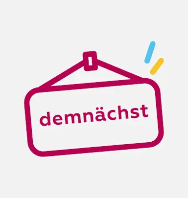Icon-Grafik mit einem stilisierten Schild in Magenta und der Aufschrift „demnächst“. Das Symbol kennzeichnet Inhalte, Angebote oder Funktionen, die aktuell noch nicht verfügbar sind und in Kürze bereitgestellt werden. Zwei farbige Akzente in Blau und Gelb unterstreichen den Hinweischarakter des Icons.