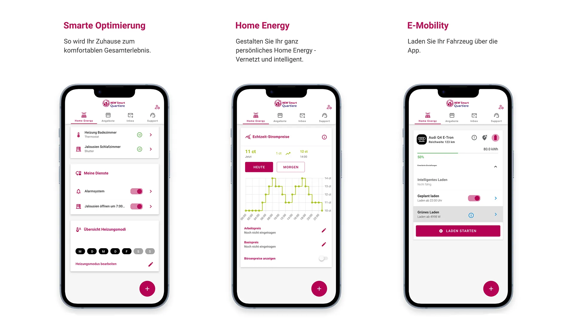 Smart-Quartiere-App Die Abbildung zeigt drei Smartphone-Ansichten der NEW Smart Quartiere App mit den zentralen Funktionen Smarte Optimierung, Home Energy und E‑Mobilität. Links wird die Steuerung von Heizungen, Rollläden und individuellen Automationen dargestellt. In der Mitte visualisiert die App aktuelle Strompreise in Form eines Diagramms für eine transparente Energieübersicht. Rechts ist die Ladefunktion für Elektrofahrzeuge zu sehen, inklusive Ladezustand, Ladeplanung und Startfunktion.
Die NEW Quartiers-App ermöglicht eine intelligente, vernetzte Steuerung von Energie und Mobilität im Smart Home und unterstützt Nutzerinnen und Nutzer dabei, Energie effizient zu nutzen, Kosten zu optimieren und den Alltag komfortabler zu gestalten.