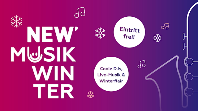 NEW-Musikwinter Grafik zur Veranstaltungsreihe „NEW Musikwinter“ mit violett-pinkem Farbverlauf. Links steht der Schriftzug „NEW Musikwinter“, rechts mehrere weiße Kreise mit den Texten „Eintritt frei!“ und „Coole DJs, Live-Musik & Winterflair“. Schneeflocken, Musiknoten und die stilisierte Kontur eines Blasinstruments ergänzen das winterliche Design.