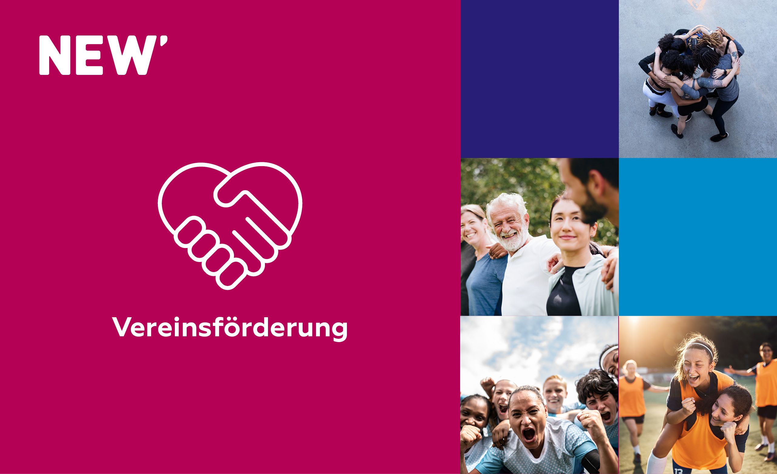 Grafik zur Vereinsförderung der NEW: Links auf magentafarbenem Hintergrund das NEW‑Logo sowie ein weißes Handschlag-Symbol als Zeichen für Partnerschaft und Unterstützung. Darunter der Schriftzug „Vereinsförderung“. Rechts eine Bildcollage aus mehreren Motiven mit Gruppen von Menschen in gemeinschaftlichen Situationen wie Sport und Freizeit. Die Darstellung steht für Zusammenhalt, Engagement und die Förderung lokaler Vereine durch die NEW.