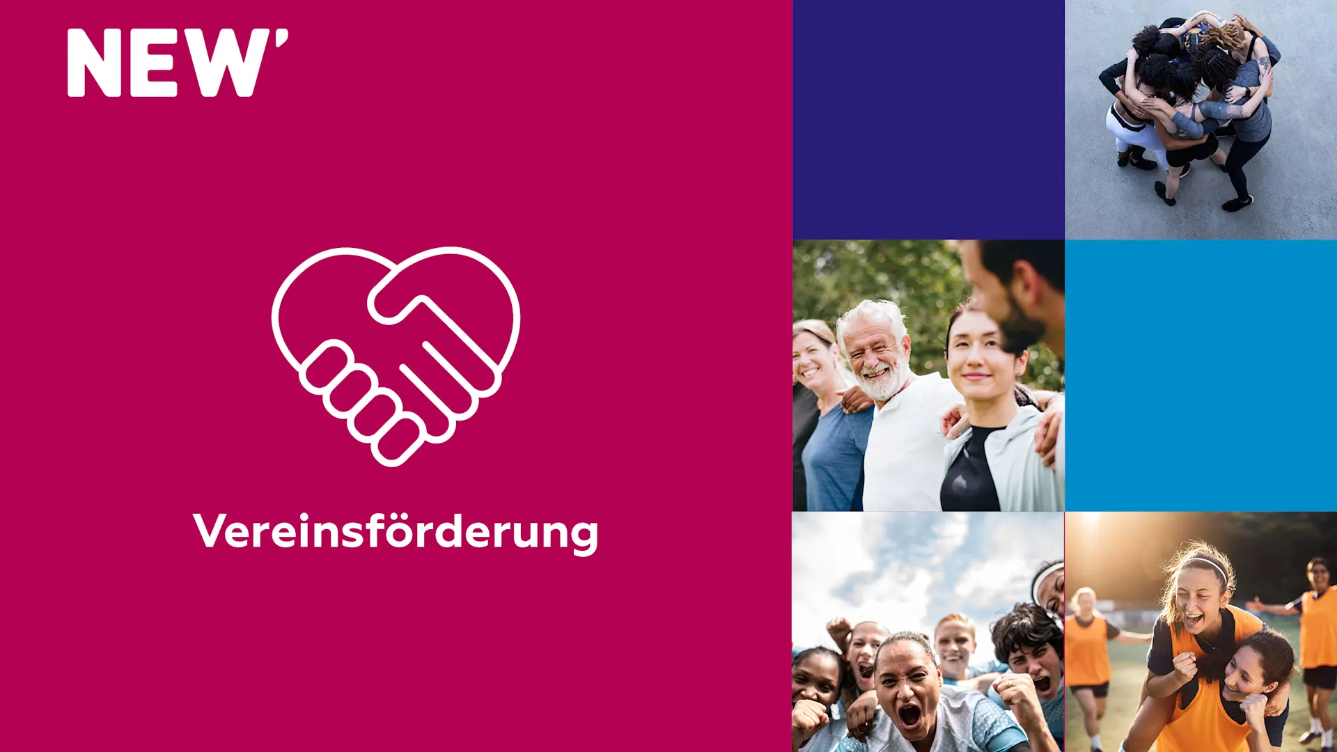 Vereinsfoerderung Grafik zur Vereinsförderung der NEW: Links auf magentafarbenem Hintergrund das NEW‑Logo sowie ein weißes Handschlag-Symbol als Zeichen für Partnerschaft und Unterstützung. Darunter der Schriftzug „Vereinsförderung“. Rechts eine Bildcollage aus mehreren Motiven mit Gruppen von Menschen in gemeinschaftlichen Situationen wie Sport und Freizeit. Die Darstellung steht für Zusammenhalt, Engagement und die Förderung lokaler Vereine durch die NEW.