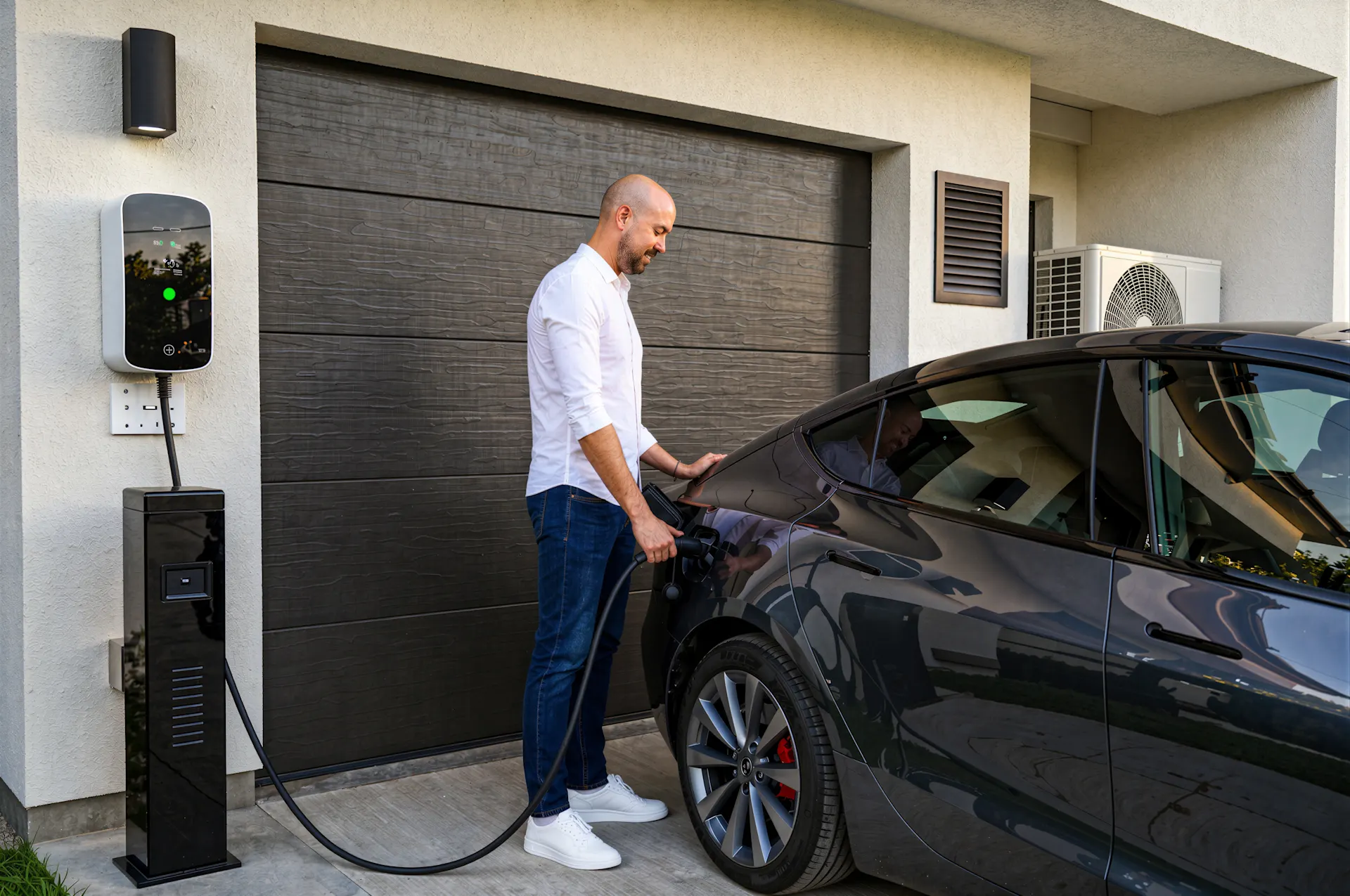 Laden eines Elektroautos an einer privaten Wallbox Ein Elektroauto wird auf einem privaten Stellplatz vor einem Wohnhaus über eine Wallbox geladen.