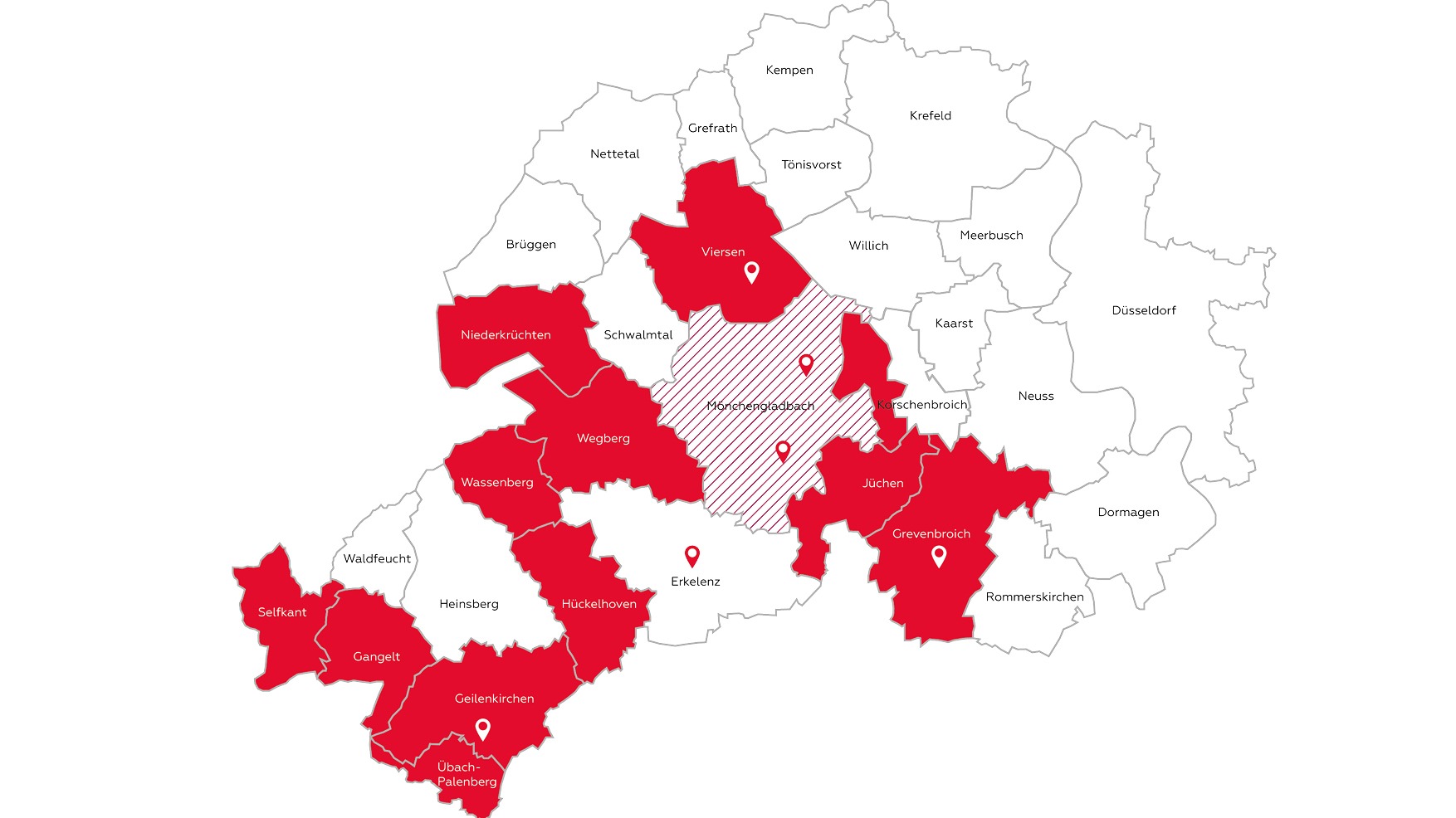 Die Netzkarte zeigt das Straßenbeleuchtungsnetz der NEW. Es umfasst die Gemeinden Selfkant, Gangelt, Geilenkrichen, Übach-Palenberg, Hückelhoven, Wassenberg, Wegberg, Niederkrüchten, Viersen, Mönchengladbach, Jüchen, Grevenbroich sowie kleinere Teile der Städte Mönchengladbach, Korschenbroich und Erkelenz. Die einzelnen Versorgungsbereiche sind farblich voneinander abgegrenzt.
