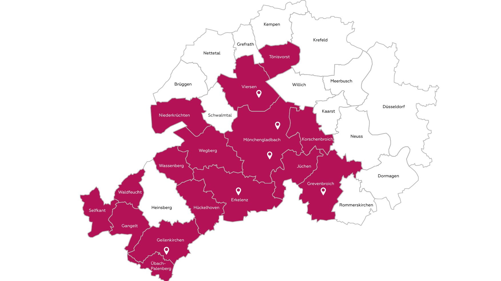 Die Netzkarte zeigt das Stromnetz der NEW Netz. Es umfasst die Gemeinden Selfkant, Gangelt, Waldfeucht, Geilenkirchen, Übach-Palenberg, Hückelhoven, Wassenberg, Wegberg, Niederkrüchten, Erkelenz, Tönisvorst, Viersen, Mönchengladbach, Grevenbroich, Jüchen und Korschenbroich. Die einzelnen Versorgungsbereiche sind farblich voneinander abgegrenzt.