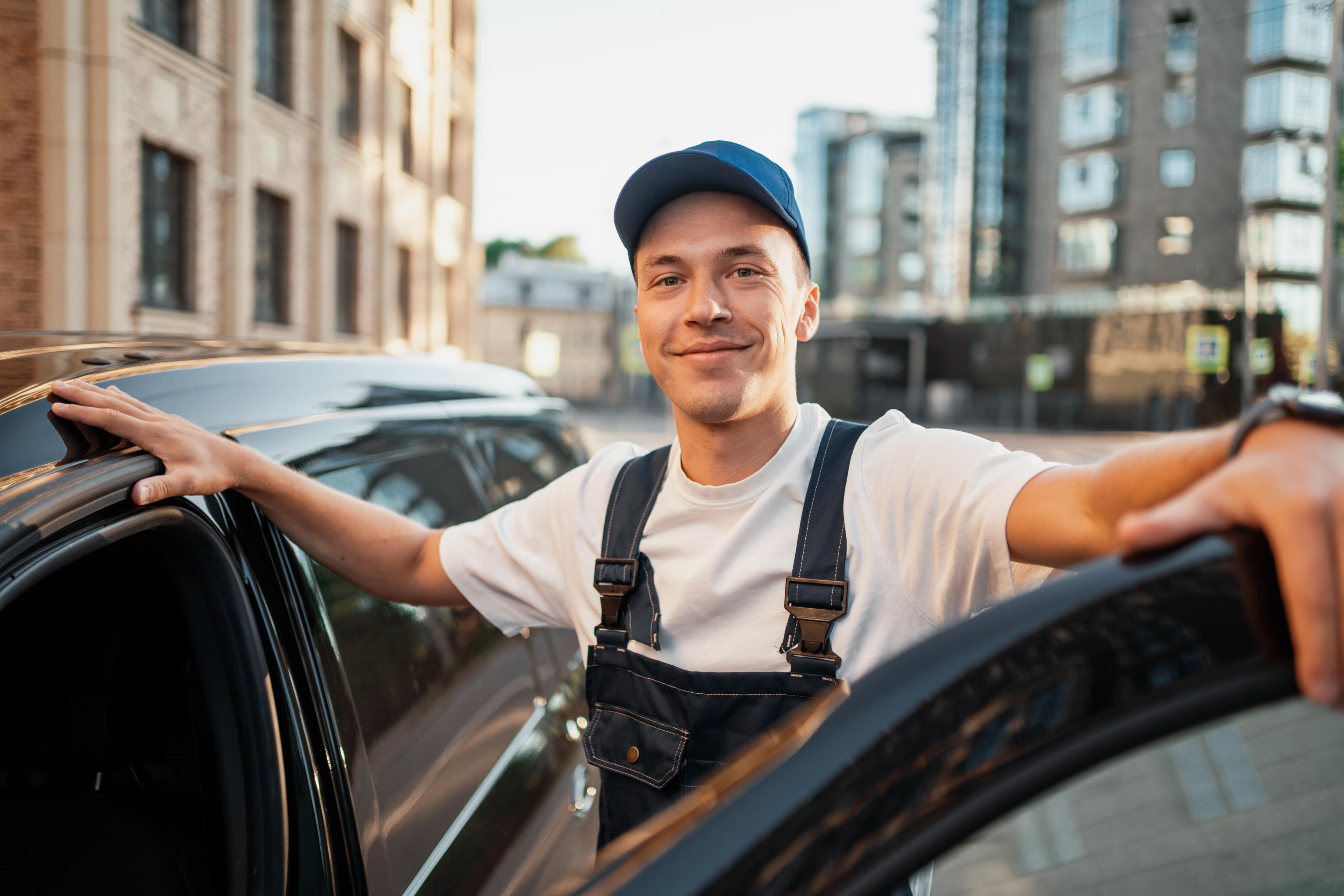 Ein Mann in Service-Uniform steht mit dem geöffneten Auto